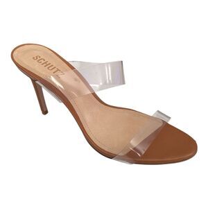 Schutz Ariella Brown Heeled Sandals Womens 8.5B Slip On Heels Clear Vinyl Straps